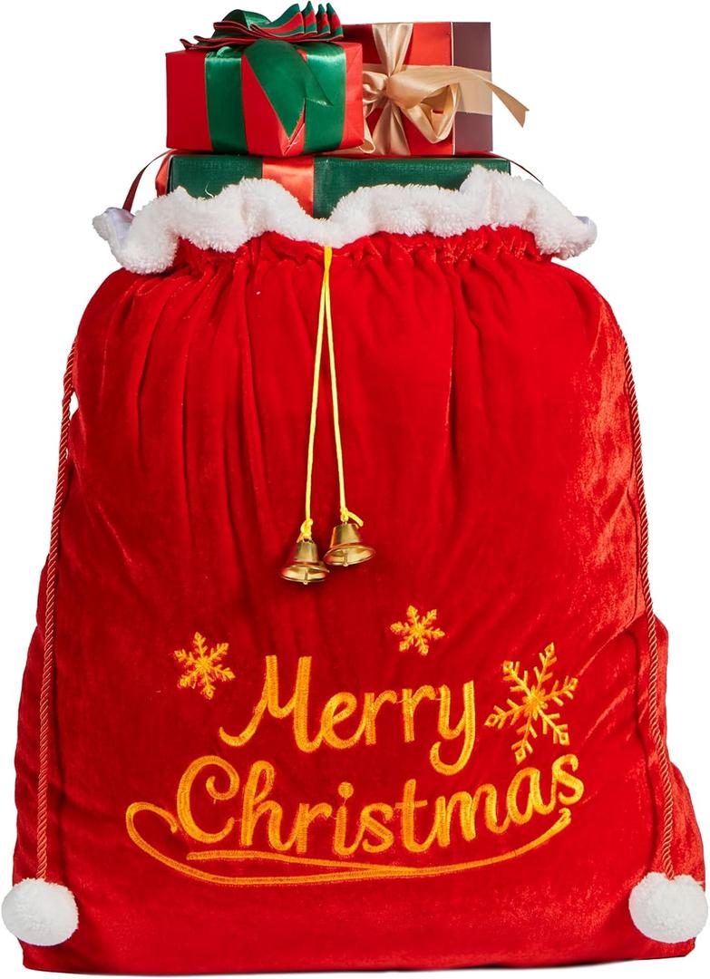 JOYIN Christmas Large Gift Bags 31" x 27" with Cord Drawstring, Red Santa Sack for Indoor Xmas Give Decoration, Large Velvet Santa Claus Bag Costume for present Dcor, Giant Presents Gifts Wrap