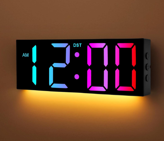 Alampan 12" Large Digital Wall Clock with Remote Control, USB Powered, Corded RGB LED Clock with Full Screen Display, Big Numbers, for Classroom, Living Room, Elderly, Wall Mounted, DST, KSJ01, Black