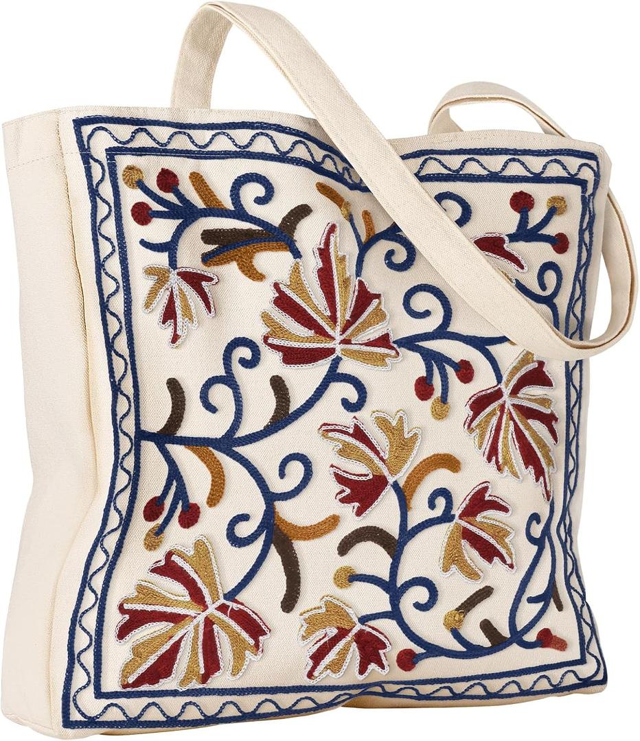 Aesthetic Embroidery Tote Bag for Women - Reusable Canvas Cute Shoulder Bag for Shopping, Grocery, Work, Book, Brown Leaf 
