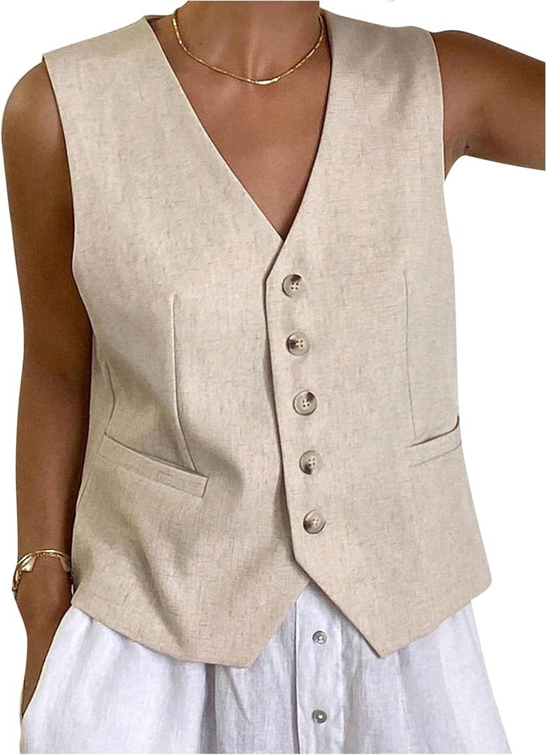 GORGLITTER Women's Button Down Linen Vest Sleevless V Neck Dressy Suit Vests Blazer (Large, White)