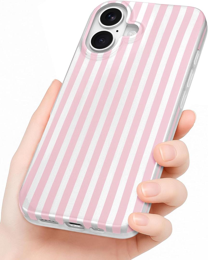 Compatible with iPhone 17 Case, with Aesthetics Striped Design Case for Women Girl, Cute Fashion Simple Soft TPU Slim Protection Phone Case for iPhone 17 6.1'' - Light Pink & White