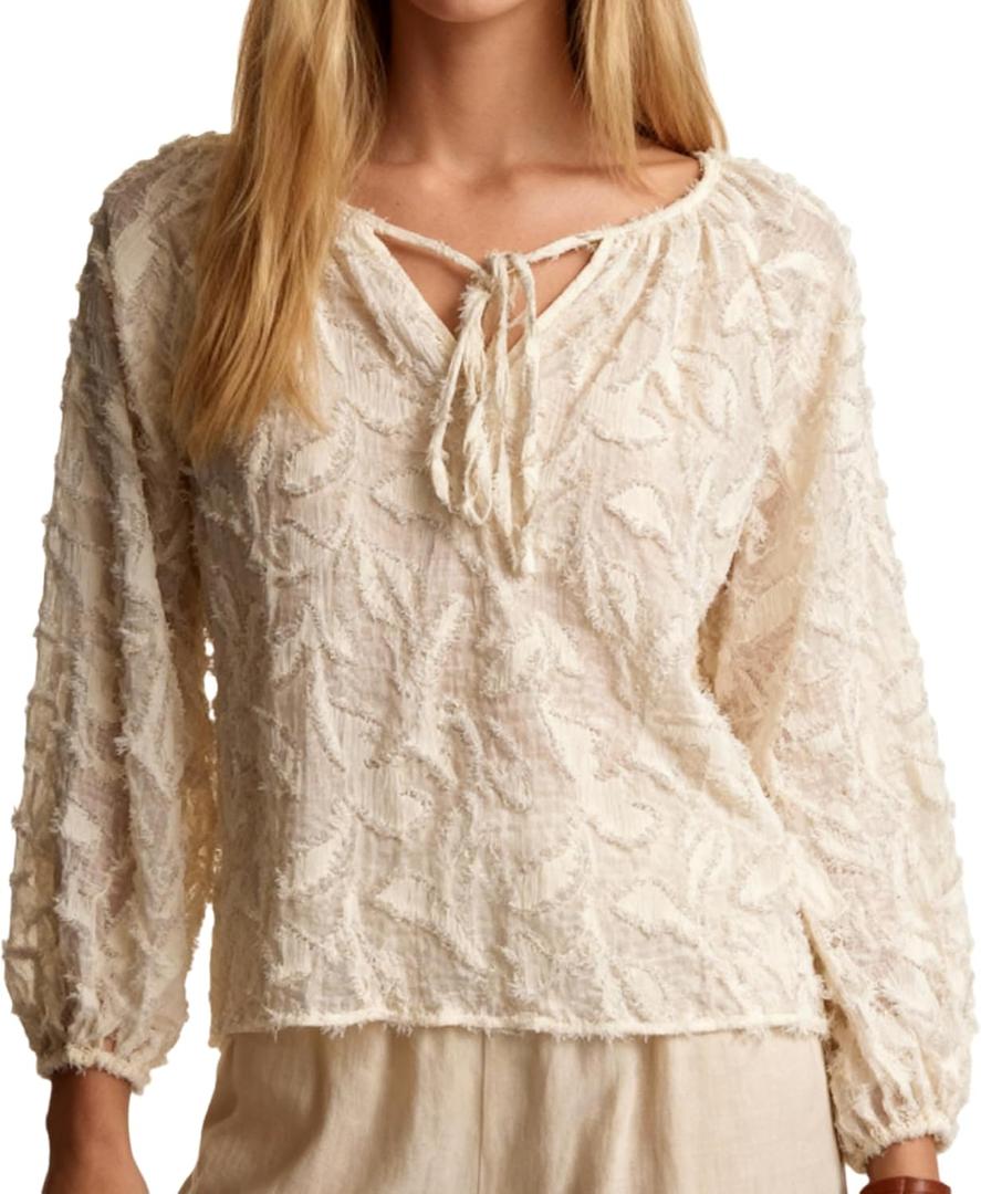 Womens Long Sleeve Casual Lightweight See Through Tunics Tops (White, XL)