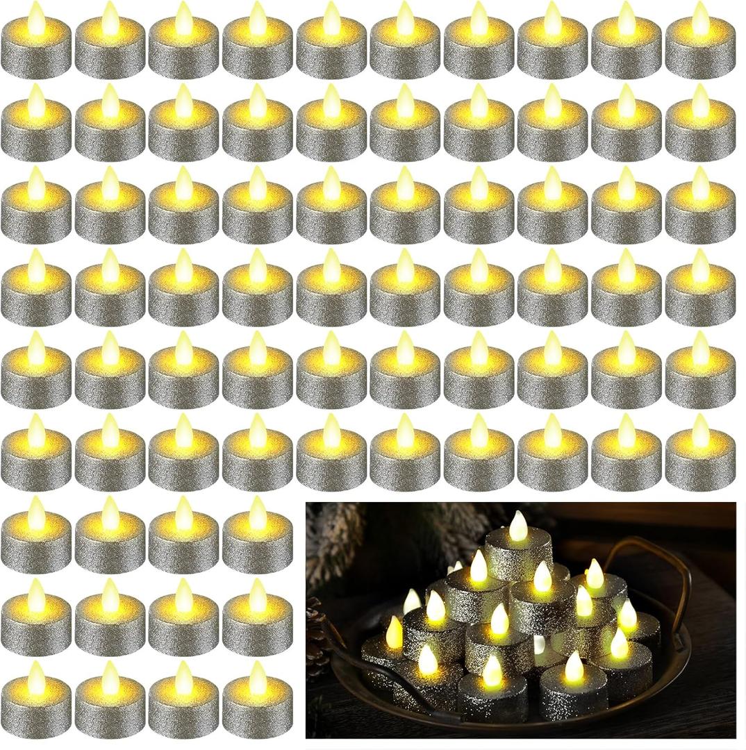 Fumete 72 Pcs LED Glitter Votive Tealights Wedding Flameless Battery Tea Lights Candles Bulk Decorations Flickering LED Tea Light Candle Centerpieces for Table Decor Anniversary(Silver)