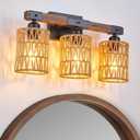 Bathroom Vanity Light, 3-Light Boho Bathroom Light Fixtures Over Mirror, Black Wood Rattan Farmhouse Rustic Wall Sconce, Bamboo Wicker Coastal Tropical Woven Bohemian Straw Wall Light
