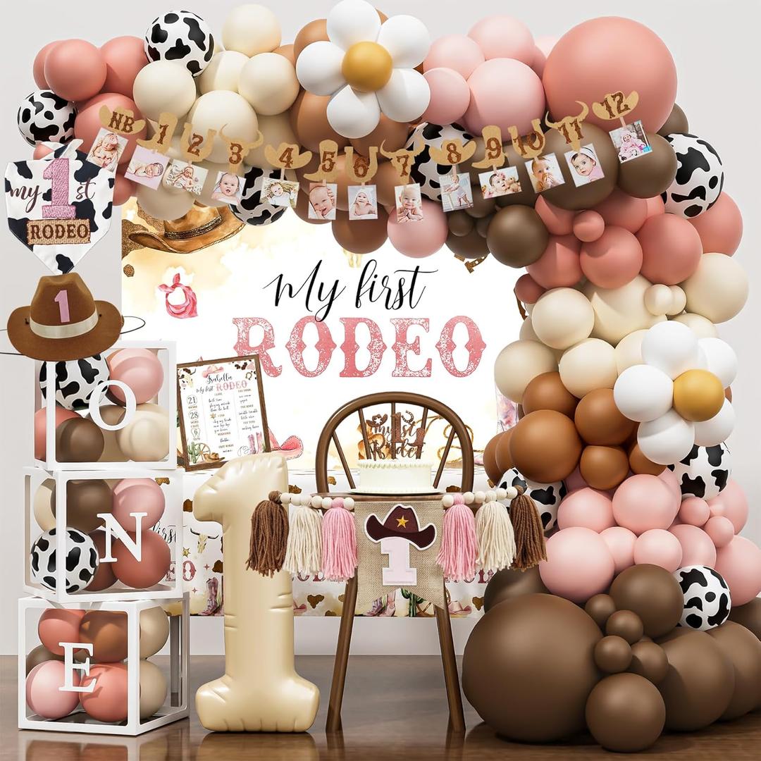 My 1st Rodeo Birthday Decorations Girl, Western Cowgirl First Birthday Party Supplies, Cowgirl Balloon Arch, Backdrop, High Chair Banner, ONE Box, Tablecloth for Girls 1 Year Old Party