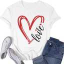 Valentines Day Shirt for Women Love Heart Printed T-Shirts Casual Summer Tee Tops (White, XL)