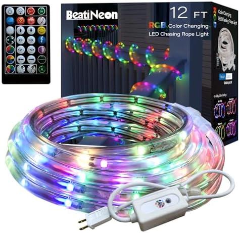 beatineon RGB Strip Lights with IR Remote Control, 12FT RGB LED Outdoor Rope Lights, Waterproof Neon LED Lights Hoilday Preset 500+ Colors for Bedroom Living Room Patio Christmas Decor (12ft)