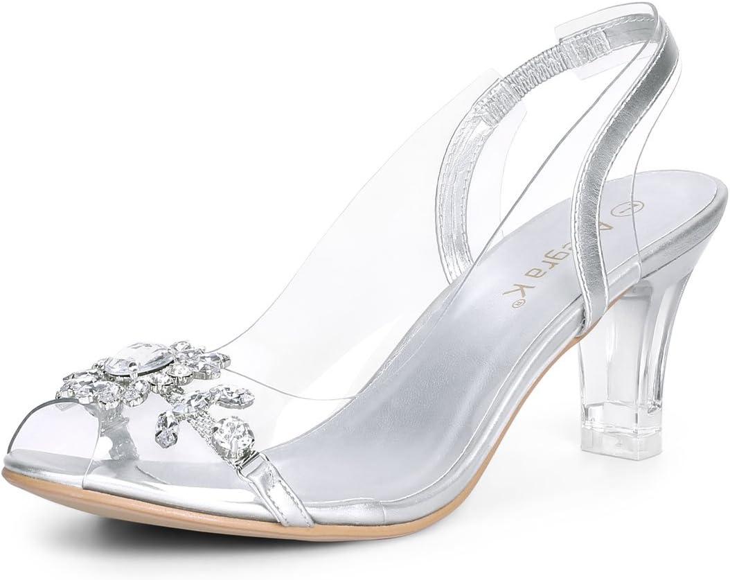 Allegra K Women's Clear Slingback Flower Rhinestone Peep Toe Silver Heels Sandals (9 M US)