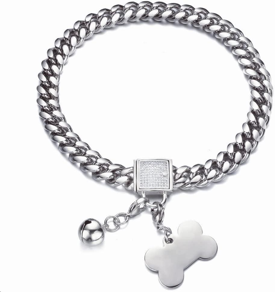 Silver Dog Collar 10MM/14MM/18MM Cuban Link Chain Choke Collar with CZ Buckle,Dog ID Tag and Dog Bell Sturdy Chew Proof for Puppy American Pitbull German Shepherd(14mm,20inch) (20inch(neck girth:18" to 19.5")) Silver Dog Collar 10MM/14MM/18MM Cuban Link Chain Choke Collar with CZ Buckle,Dog ID Tag and Dog Bell Sturdy Chew Proof for Puppy American Pitbull German Shepherd(14mm,20inch) (20inch(neck girth:18" to 19.5"))