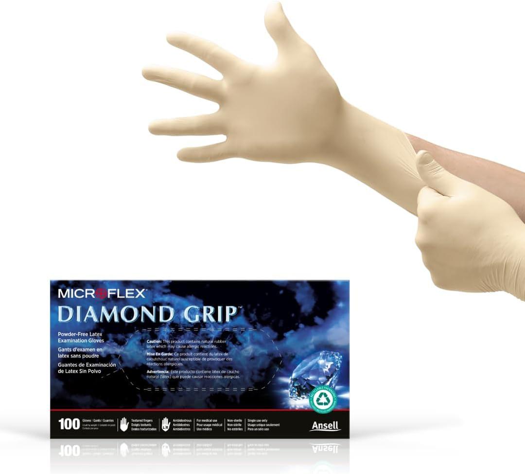 Ansell Microflex Diamond Grip MF-300 Disposable Latex Gloves for Automotive, Healthcare, Machinery Industries (Yellow, M)