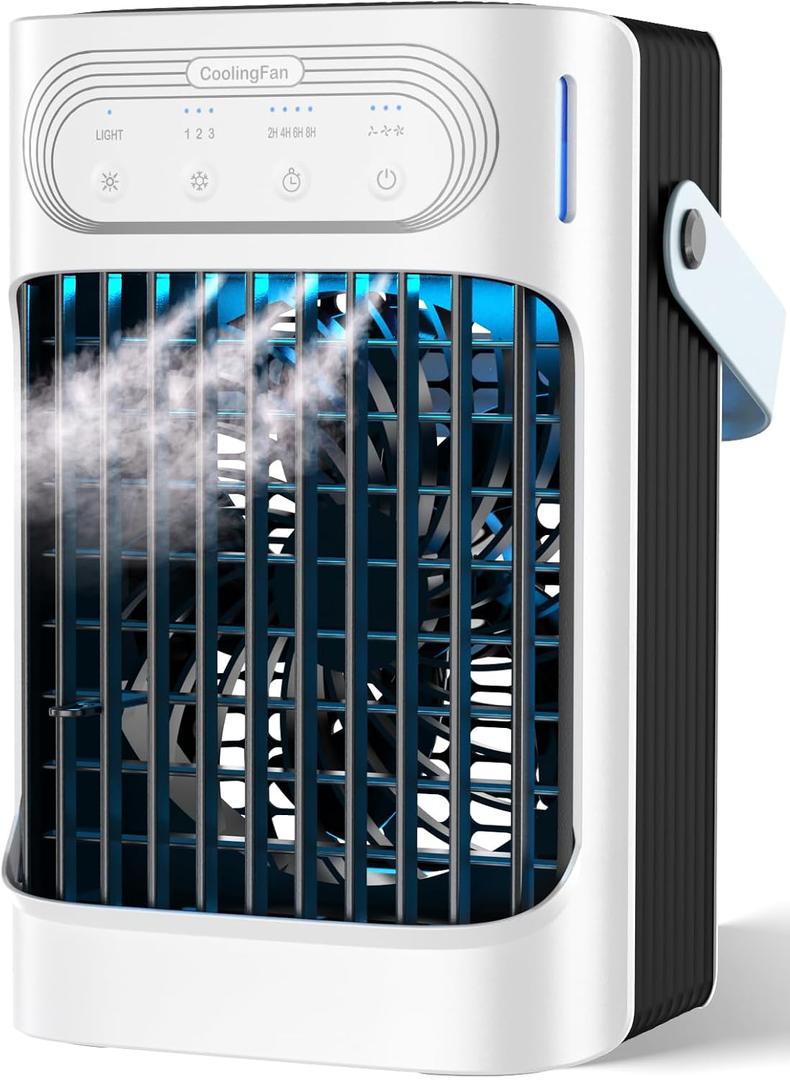 Portable Air Conditioner Cooling Fan with Remote, Quiet with 3 Speeds, 1200ml Personal Air Cooler Fan with 3 Mist, 7 Night Light, 8H Timer, Small Air Conditioner for Bedroom Office (White)