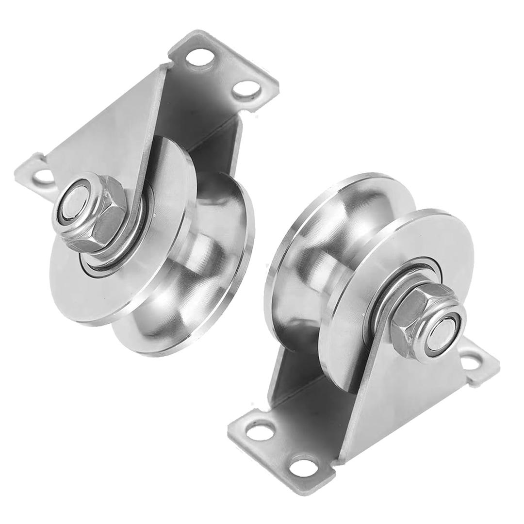 Stainless Steel U Groove Roller Gate Track Roller Heavy Duty Sliding Gate Wheels Double Bearing Garage Door Pulley Solid Bracket Plate Casters for Rolling Gate Industrial Machines 2pcs 3in