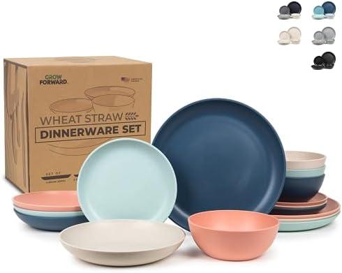 Grow Forward 16-piece Premium Wheat Straw Dinnerware Sets for 4 - Unbreakable Dishwasher & Microwave Safe Plastic Plates and Bowls Sets - Patio, Outdoors, RV, Camping Dishes - Tropical