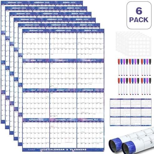 6pcs 24" x 36" 2026 Wall Calendar Dry Erase - Large Starry Sky Calendar Wet & Dry Erasable Laminated 12 Month Annual Yearly Planner, Reversible, Horizontal/Vertical (2026 Wall Calendar)