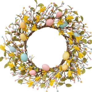 TEMPUS 20" Easter Wreath for Window Mantel Indoor - Natural Willow with Yellow Forsythia & Pastel Eggs - Spring Decor for Apartment Interior Door
