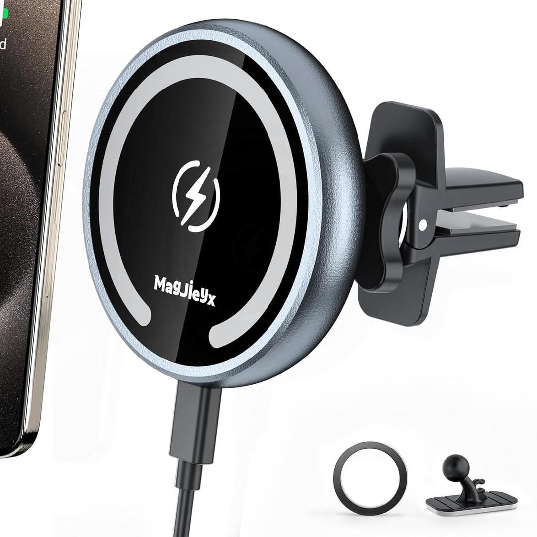 Magjieyx for Magsafe Car Mount Wireless Charger Magnetic Fast Charging Compatible with iPhone 17,16,15,14,13,Pro Max,Mini,Magsafe Case, Air Vent and Stick On Dashboard Car Phone Holder (Gray)