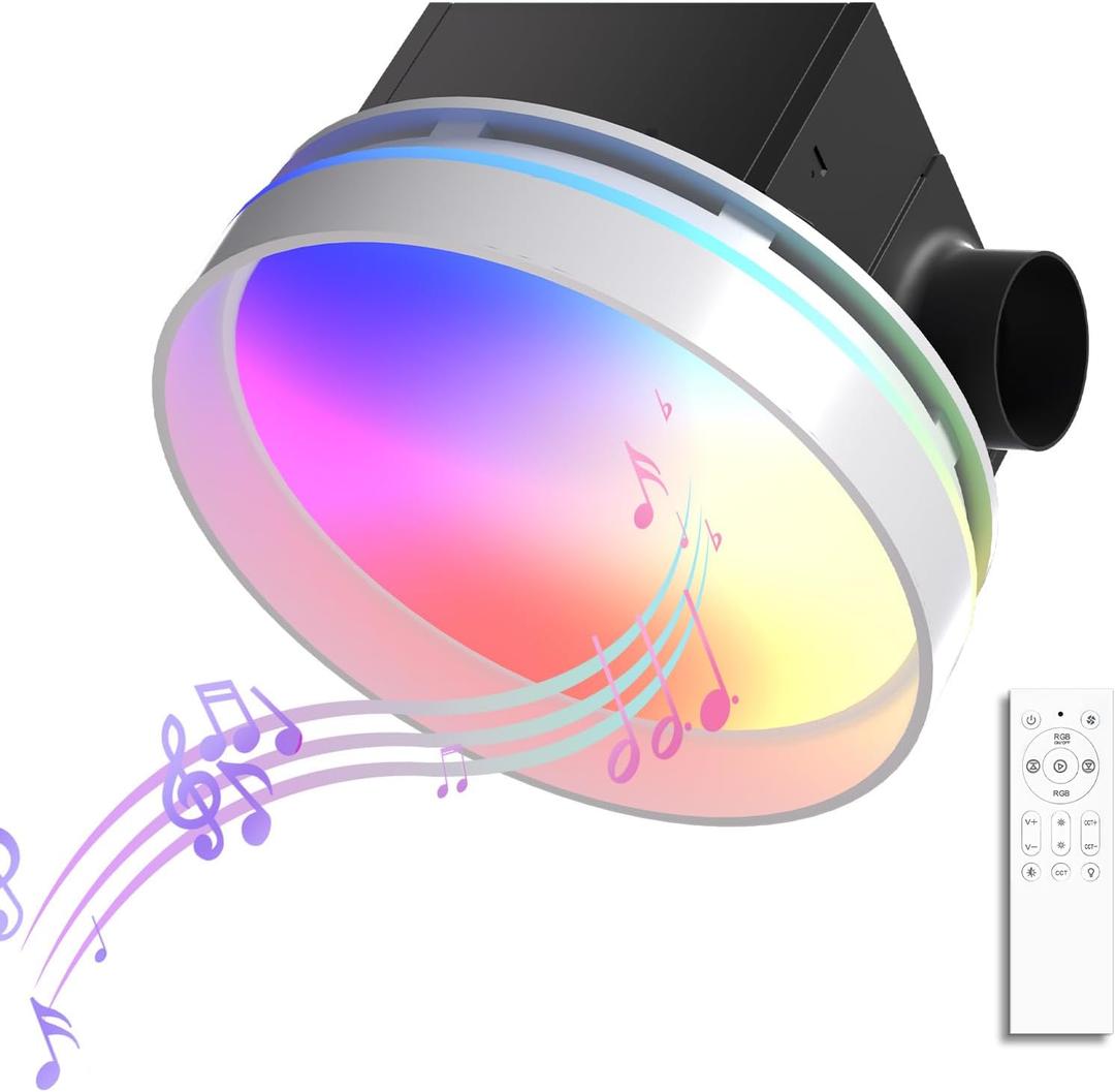 BSEED Bathroom Exhaust Fan with Bluetooth Speaker & Light, 230 CFM 1.5 Sone Bathroom Vet Fan, 7-Color RGB & 3CCT Adjustable Light & Nightlight, Music Sync, Easy Install, Remote Control, Round, White, 9.84" ×9.84"