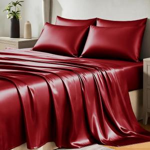 CozyLux Satin Sheets King Size Sheet Set - Silky Soft Bedding Similar to Silk, 6 Piece Sheets for Hair and Skin, Deep Pocket with All-Around Elastic, Home Decor for Bedroom, Burgundy