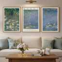 3 Piece Framed Monet Water Lilies Wall Art for Living Room, Impressionist Lake Landscape Canvas Artwork for Walls, Large Vintage Classic Floral Prints Paintings for Bedroom Hallway 16x24 Inch