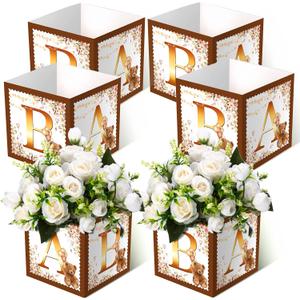 Bucherry 6 Pcs Baby Shower Centerpieces with Letters, 7" Baby Blocks Flower Boxes for Table Decorations, Gender Reveal Party Supplies & Photo Props(Brown,Brown Bear)