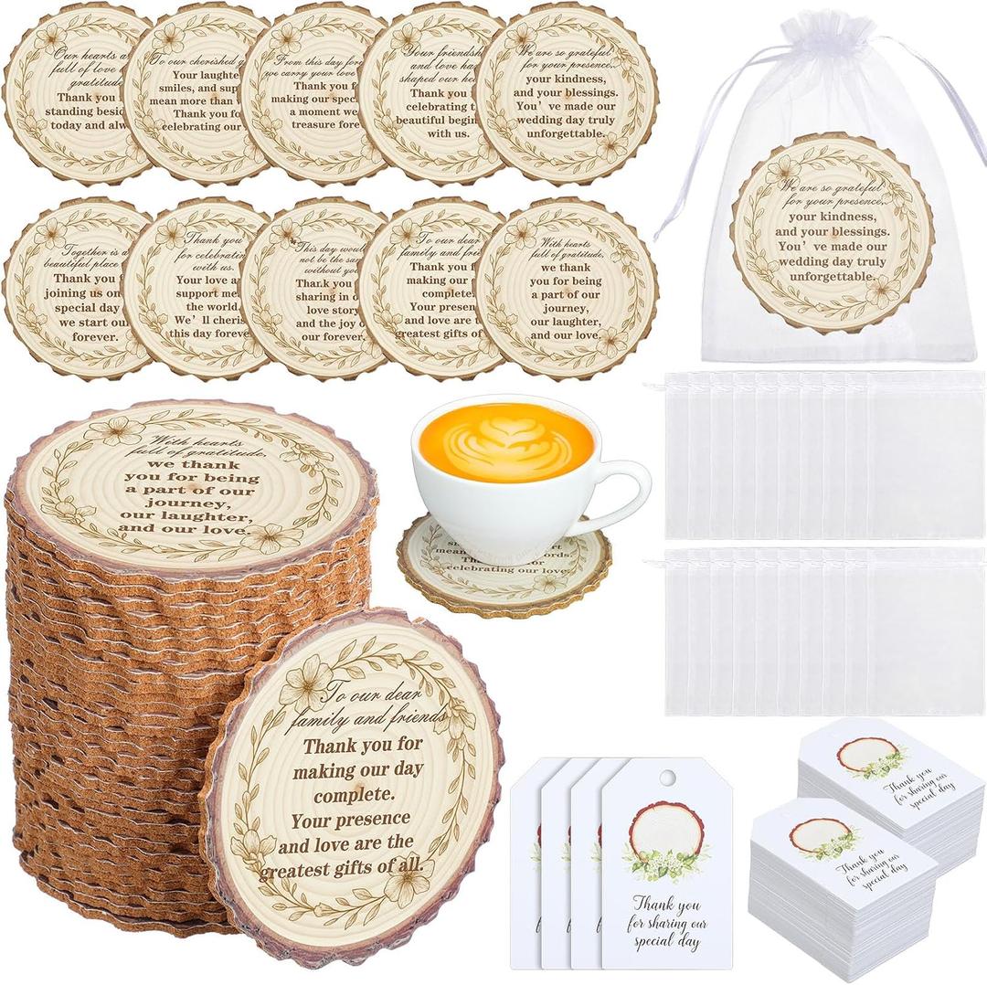120 Sets Wedding Favors for Guests Cork Coasters Bulk Heat Resistant Custom Coasters with Thank You Cards Organza Bags for Wedding Party Favors Souvenirs Supplies Decoration