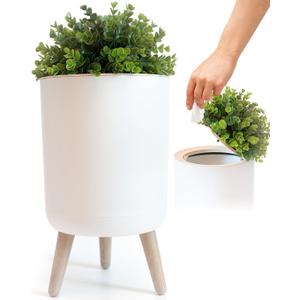 Earth & Mango Small Bathroom Trash Can with Lid, Small Bathroom Garbage Can with Plant Style Lid, 1.8 Gallon, White, Perfect for Bedroom, Office, and Bathrooms, Trash Bin That Looks Like a Plant