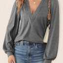 Agnes Urban Womens V Neck Long Sleeve Tops Dressy Casual Fall Shirts Puff Sleeve Loose Tunic Trendy Tops Blouses (Gray, M)