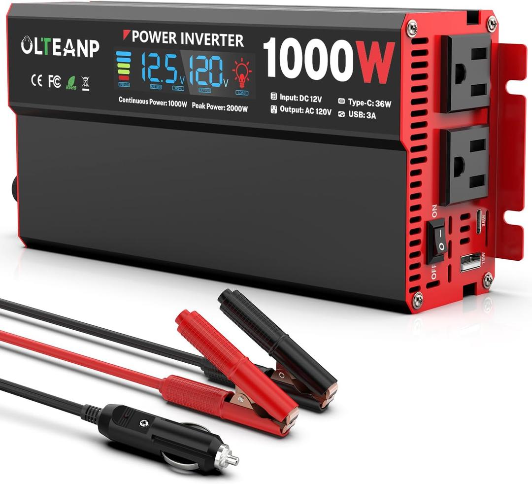 OLTEANP 1000 Watt Power Inverter 12V DC to 110V/120V AC Car Inverter with LCD Screen Display, 2 AC Outlets, 36W TypeC Port, 5V/3A USB Port, Car Power Converter for Truck, Home, Vehicles, Laptop, Trip
