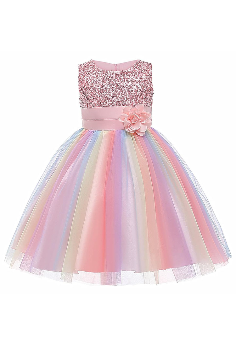 Super Fairy Flower Girls Sequin Mesh Tulle Rainbow Party Dress Princess Lace Ball Gown, 110