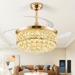 42" Gold Fandelier Ceiling Fan with Light, Crystal Chandelier with Fan Retractable Ceiling Fan with Lights and Remote Dimmable Chandelier Fans for Bedroom Living Room Dinning Room Kitchen