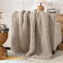 Chunky Knit Blanket Throw, 100% Hand Knit Throw Blanket Handmade Chenille Cable Knit Throw for Couch, Stylish Cozy Soft Rope Knot Crochet Blanket for Home Decor, Beige Linen, 40x50 Inches