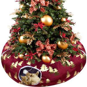 LUCKITTY Plush Christmas Tree Pattern Cat Tunnel Bed Under Christmas Tree with Premium Gold Foil & Hanging Plush Ball, 10-Inch Diameter 3-Ft Wide Round - Divert Cats from Decor Red Color