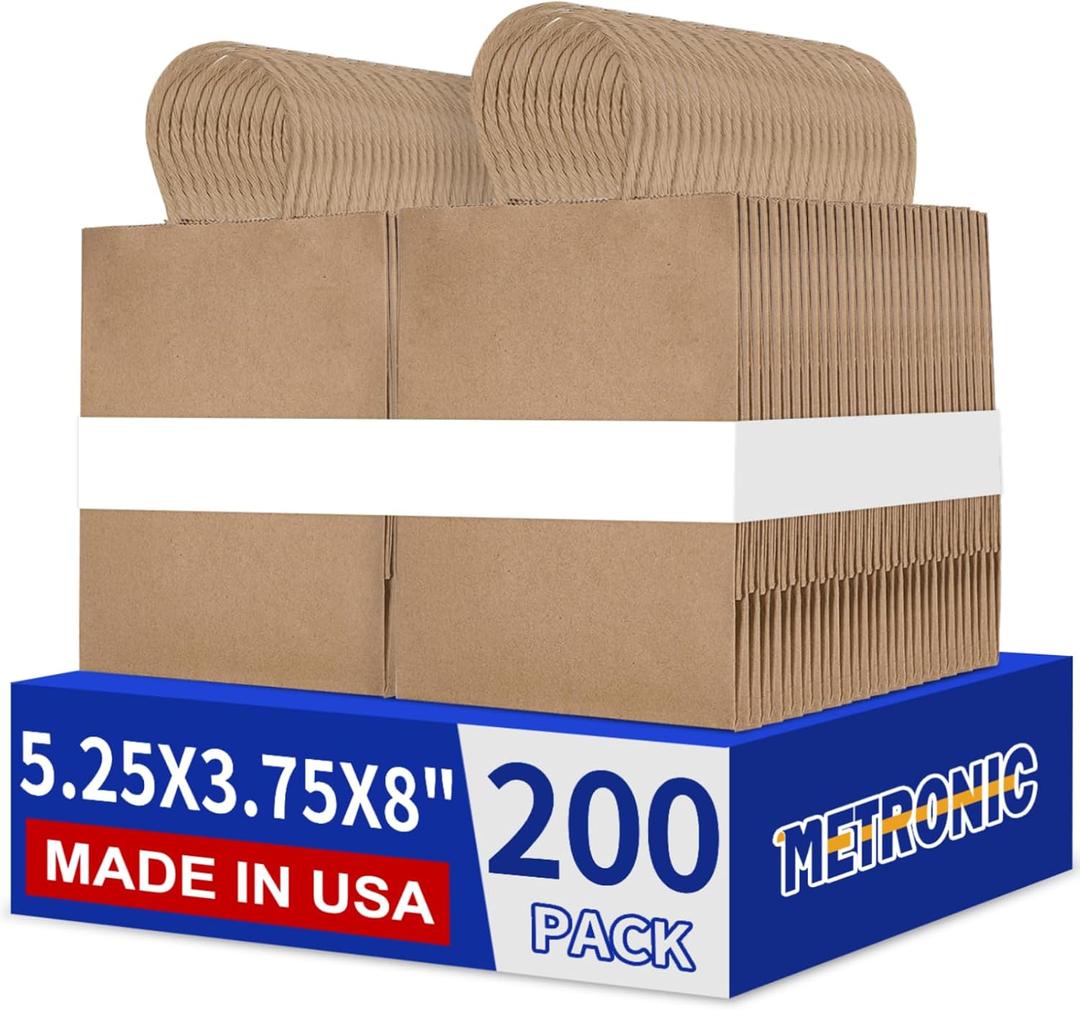 METRONIC Brown Paper Bags 5.25 x 3.75 x 8 inch 200 Pack,Small Kraft Gift Bag Bulk with Handles, Recycled for Shopping, Takeout, Retail, Party Favors & Grocery, Made in USA
