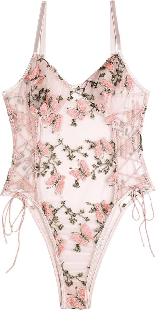 Lilosy Women Sexy Lace Up Floral Embroidered Teddy Lingerie Bodysuit Top Mesh Sheer One Piece (Medium, Butterfly Pink)