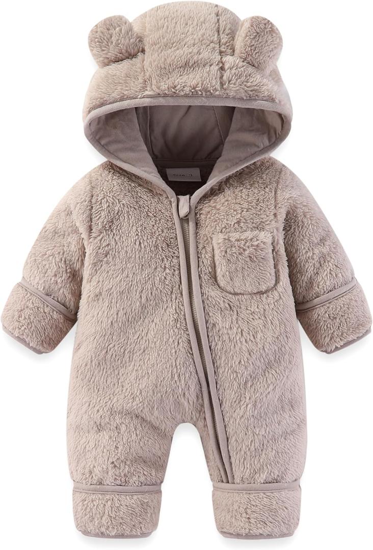 Newborn Baby Bear Outfit With Fold-Over Mittens and Footies Girls Boys Winter Fleece Clothes Hooded Romper Snowsuit (0-3 Months, Beige Grey)