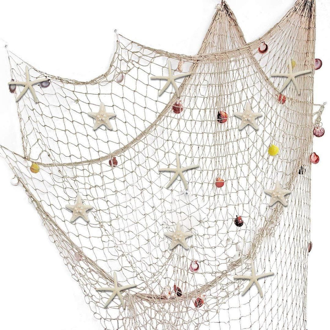 79 x 59 inch Nature Fish Net Wall Decoration with Colorful Sea Shells and 10 Pcs Natural Starfish Ocean Themed Mediterranean Style Fishing Net for Beach Party,Wedding,photography Wall Decoration (Beige)
