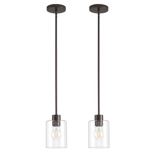 KLSS Oil Rubbed Bronze Pendant Lights Kitchen Island - Clear Glass Pendant Light Fixture Multiple Stems Rods 3 Units 12 Inch 3 Units 4 Inch (2 Pack Oil Rubbed Bronze Downrod)