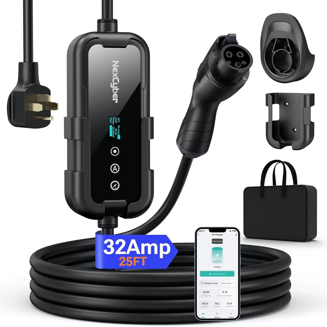 Level 2 EV Charger 32Amp with WiFi APP/Plug-Play, 240V NEMA 14-50P Plug, 25FT Cable with ETL Certified, Portable Electric Vehicle Charging Stations EVSE J1772 Connector (32A j1772 Connector)