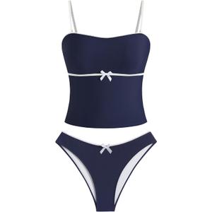 ZAFUL Tankini Swimsuits for Women Bow Tie Side Bathing Suits Tummy Control High Cut Two Piece Bikini Sets (X-Large, 1-navy Blue)