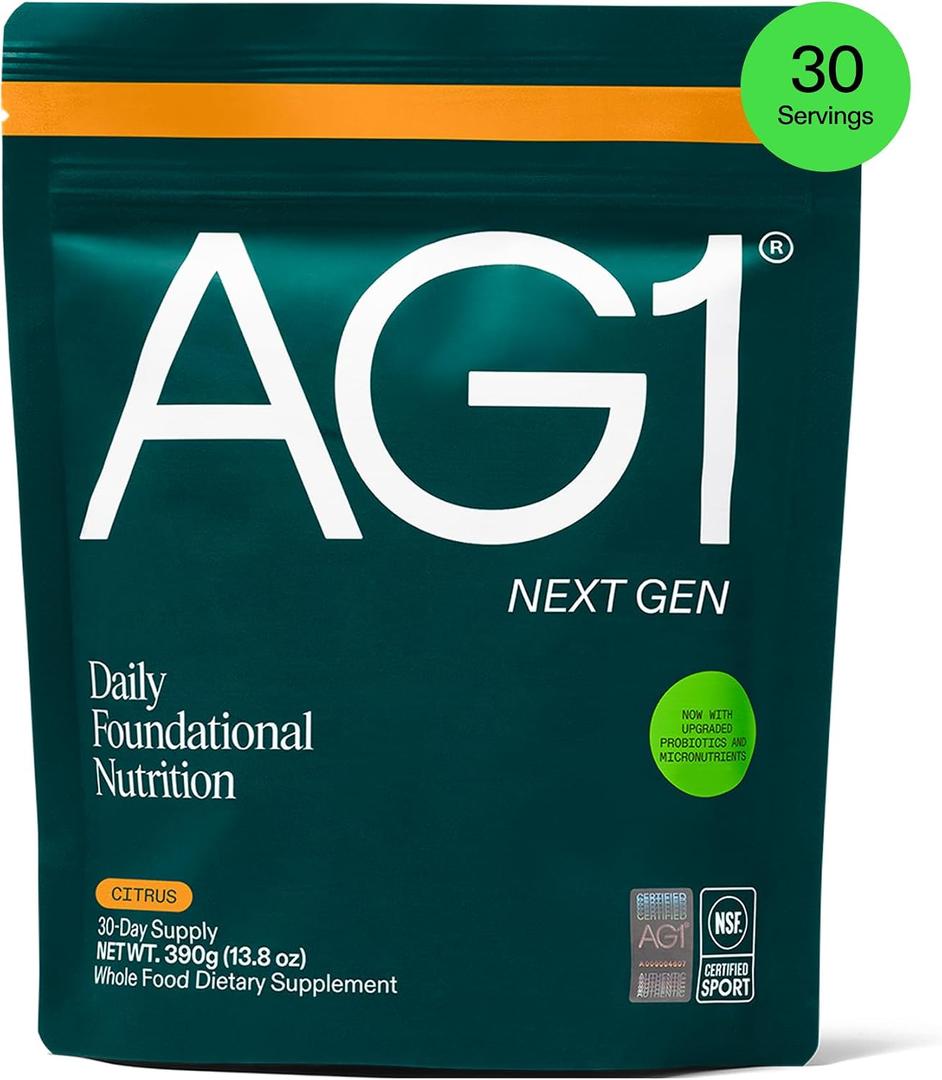 AG1 Next Gen Greens Powder with Daily Nutrition Formula, Citrus Flavor Advanced Nutrient-Rich Blend, Greens Mix Supplement with Spirulina, Chlorella, Vitamins and Minerals, Superfood and Probiotic, Set name: Single Pouch, 30 Servings