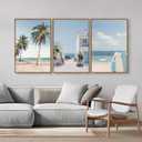 Rantodecor Beach Themed Framed Canvas Wall Art, Palm Tree Surfboard Van Wall Decor, Nordic Blue and White House Art Painting, Modern Relaxing Seascape Artwork for Bedroom Living Room Office 16"x24"x3, 24"x16"