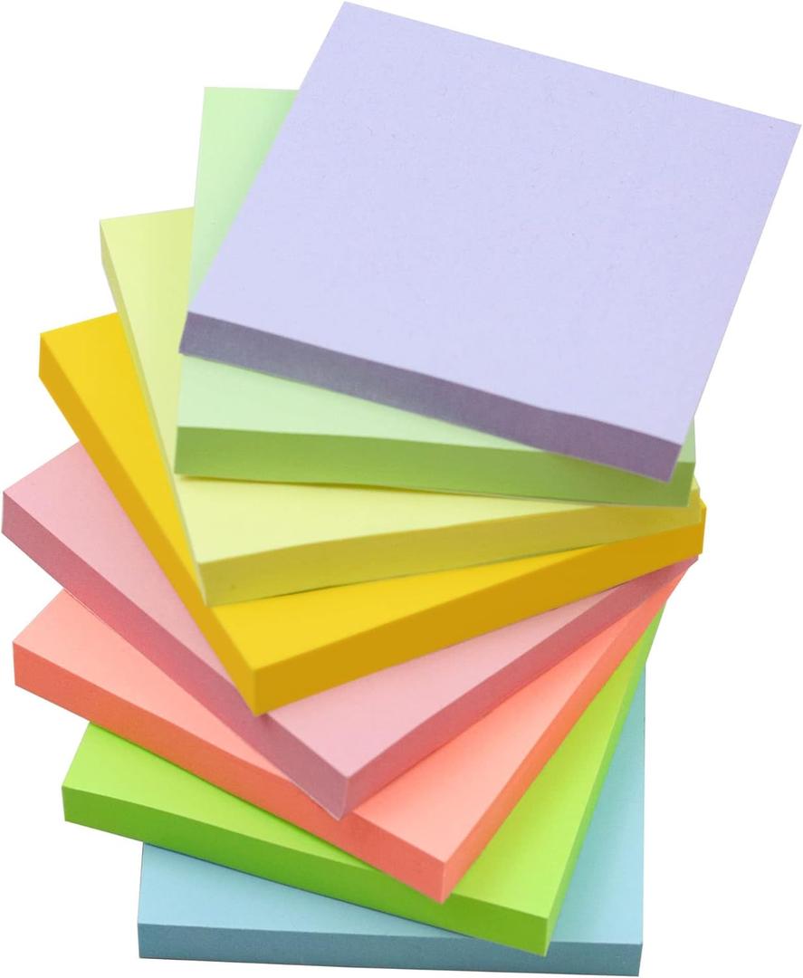 (8 Pads) Sticky Notes 3 x 3 in, Pastel Colorful Super Sticking Power Memo Post Stickies Square Sticky Notes for Office, Home, School, Meeting, 83 Sheets/pad