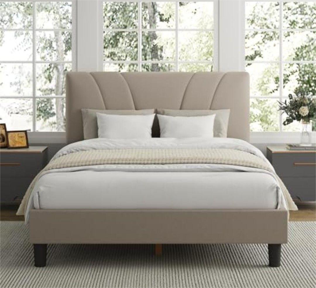 Avenco Queen Bed Frame, Upholstered Platform Bed Frame with Adjustable Headboard, Wood Slat Support, Easy Assembly, No Box Spring Needed, Beige