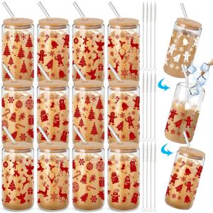 12 Pcs Christmas Gifts 16 oz Color Changing Cups with Lids and Straws Bulk Christmas Glass Iced Coffee Cups Holiday Can Shape Tumbler for Xmas Winter Party Favors Decor Gift (Red Pattern)