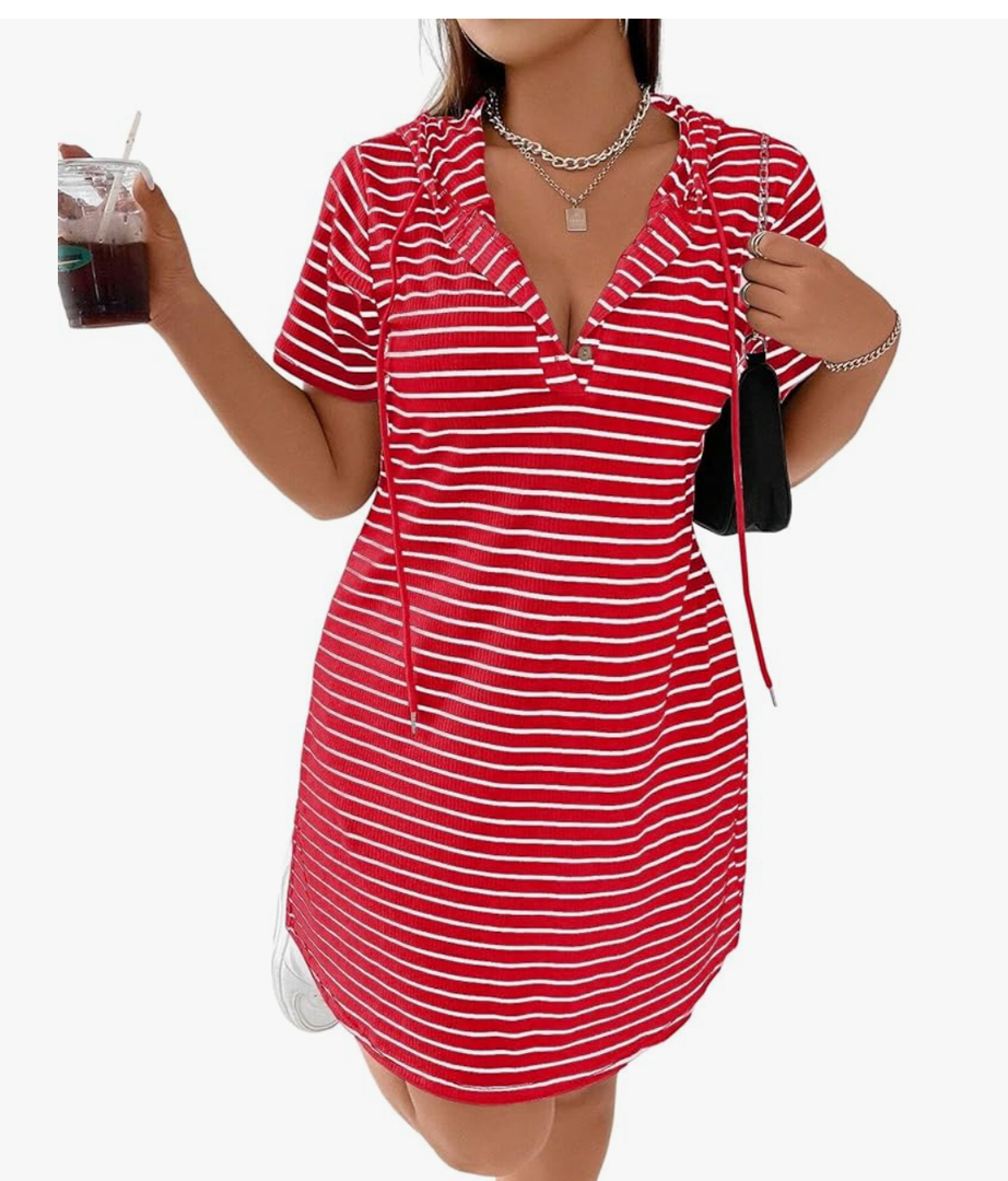 LALAGEN Hooded Plus Striped Drawstring Hooded Tee Dress, Summer X-Large
