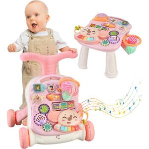 Baby Push Walker 3 in 1 Sit-to-Stand Learning Walker with Wheels KidsMultiple Educational Activity Center Music Learning Toy Gift for Infant Boys Girls (Pink)