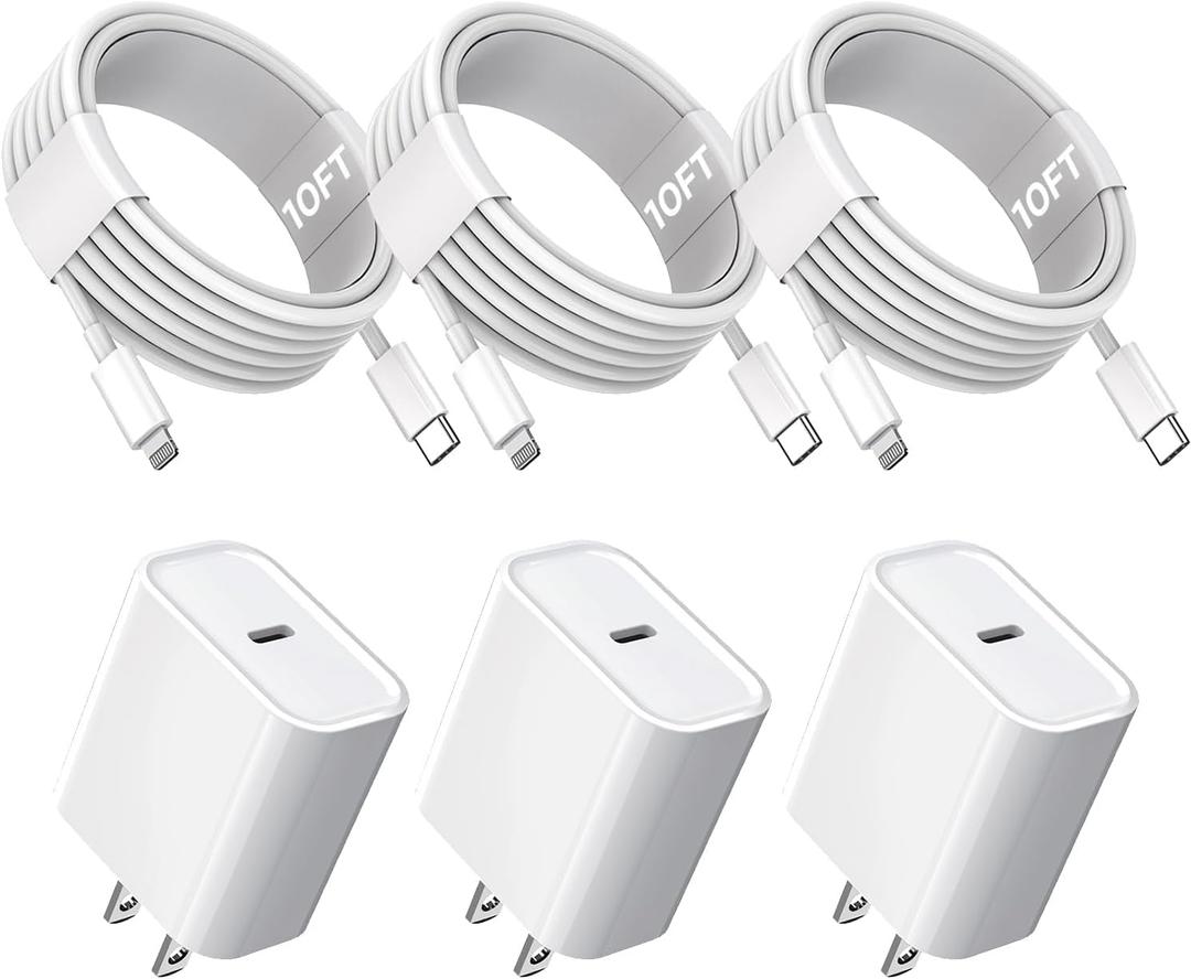 10FT iPhone Fast Charger,3Pack Extra Long[Apple MFi Certified]iPhone Charger Fast Charging Quick 10Foot USB C to Lightning Cable Cord Adapter Block for iPhone 14 Pro Max/14 Plus/13/12Mini/11/XS/X/iPad