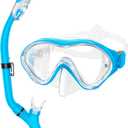 Snorkeling Gear for Kids with Foldable Silicone Full Dry Snorkel, Kids Snorkel Set Anti Leak Youth Junior Snorkeling Package Diving Mask Soft Tube with Mesh Bag Scuba Swimming Goggles (Light Blue)