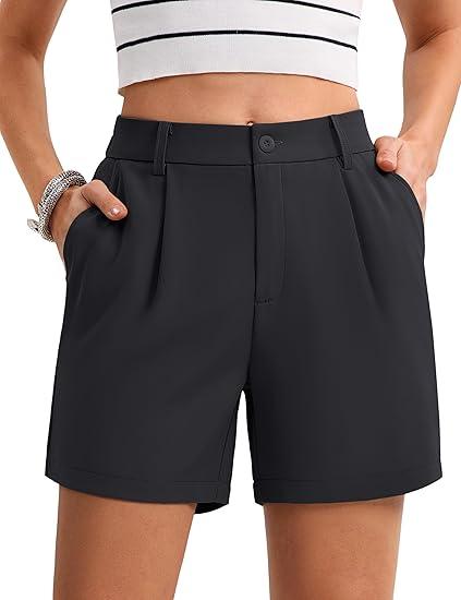 MAGCOMSEN Shorts for Women Dressy Casual Summer Pleated Tailored Back Elastic Waist Trouser Shorts with Pockets, Small 