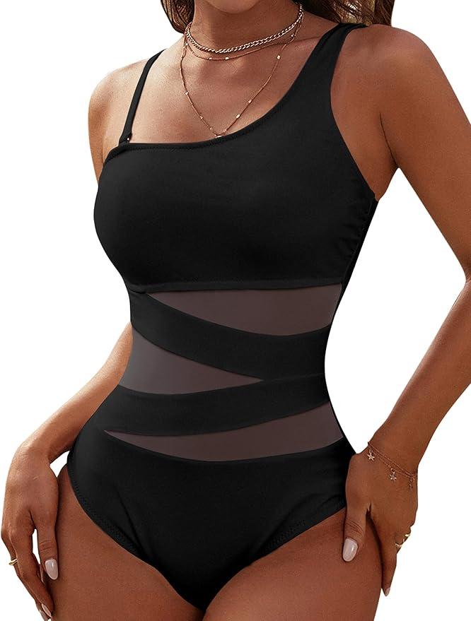 One Piece Bathing Suits One Shoulder Swimsuits Slimming Mesh Swimwear,L